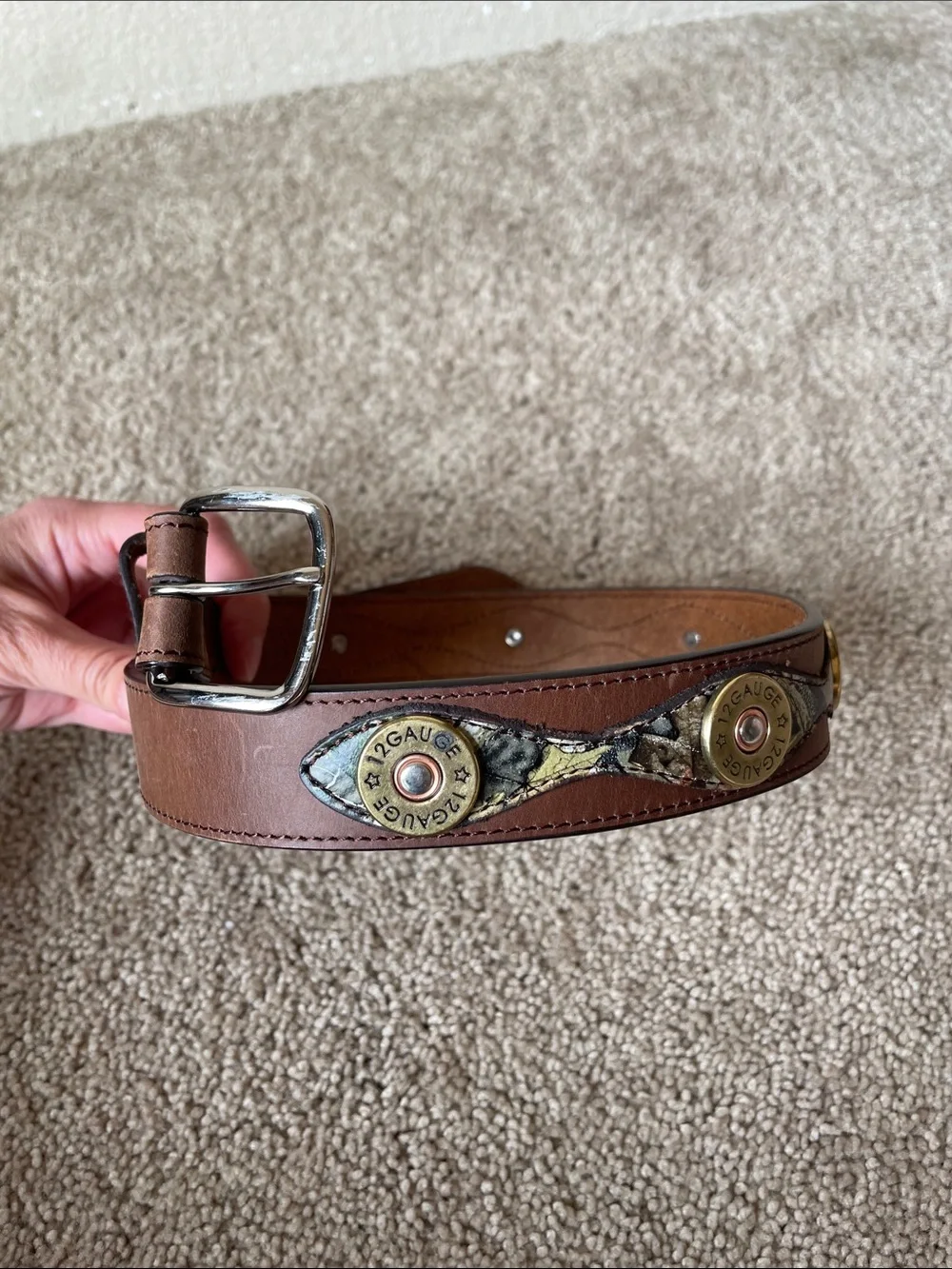 Badger Leather Brown & Camo Kids Belt with Shotgun Shell Boys 24 Western Hunting